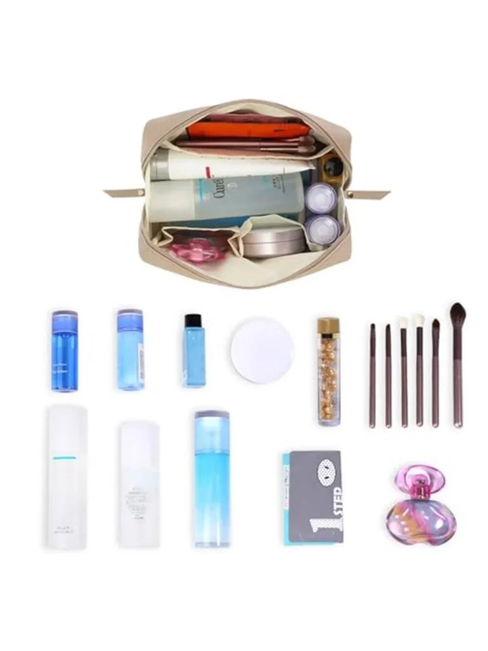 Brown PU Leather Makeup Bag Large Travel Cosmetic Organizer Toiletry Pouch